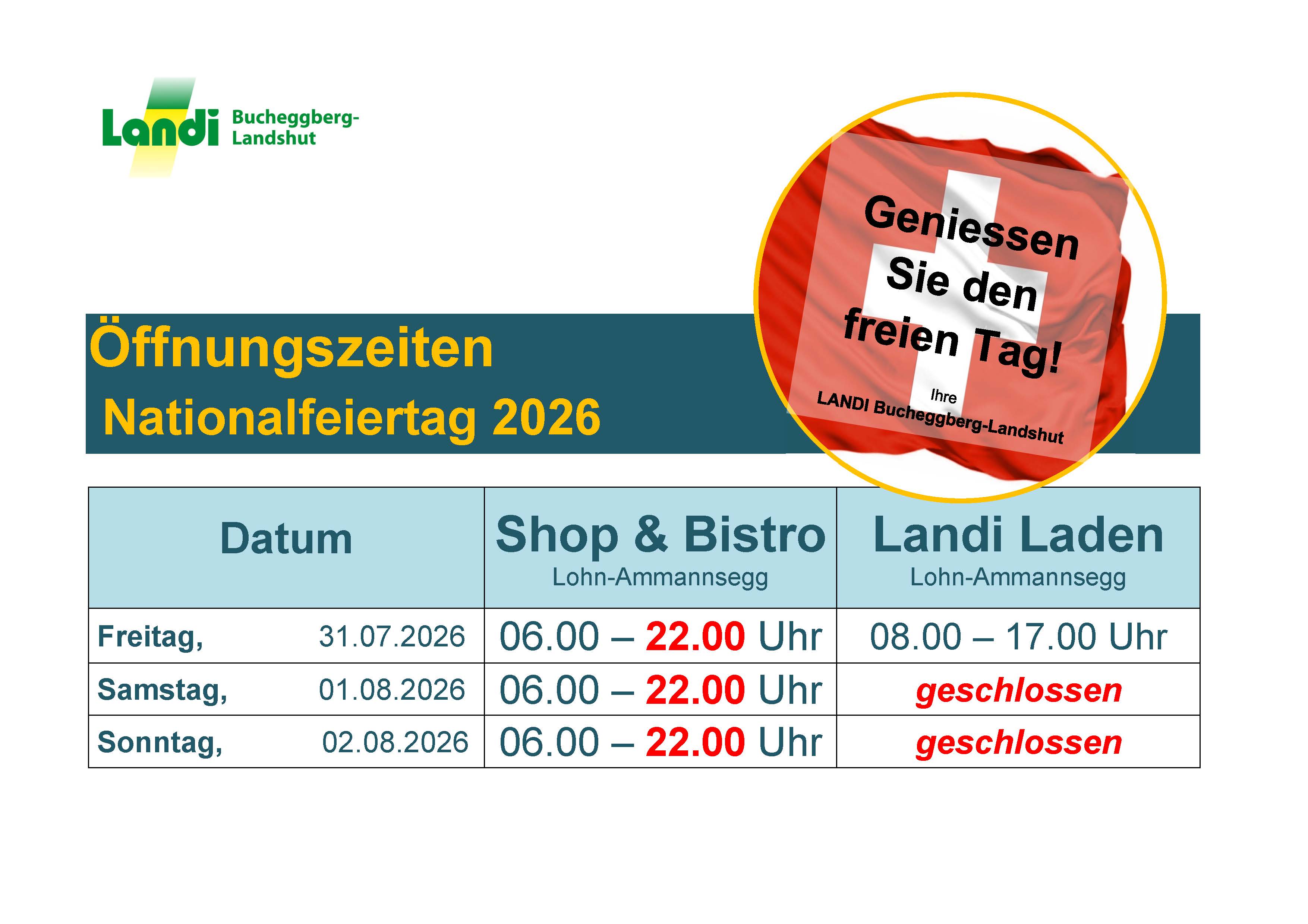 Öffnungszeiten Nationalfeiertag