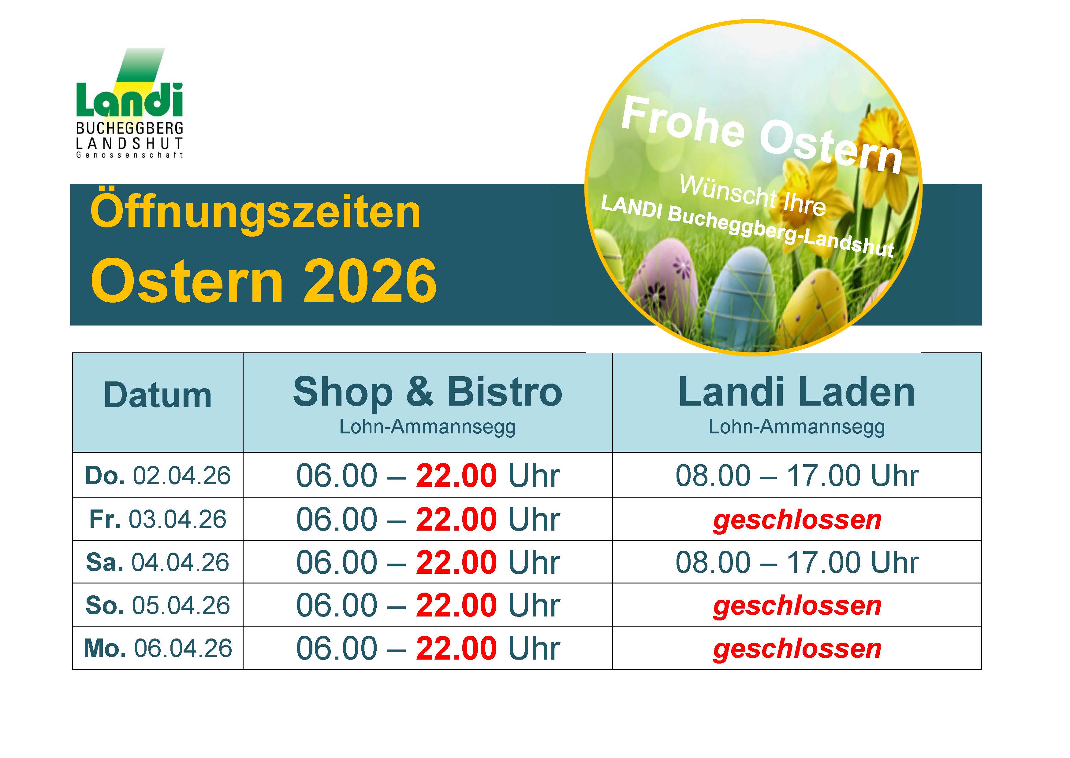 Öffnungzeiten Ostern 2026 Shop & Laden Lohn