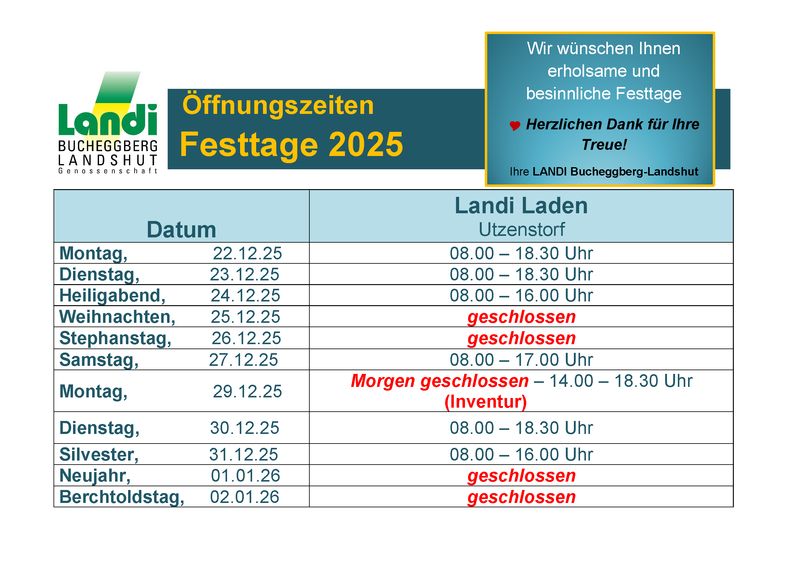 Öffnungzeiten Weihnachten/Neujahr 2025 Laden Utzenstorf