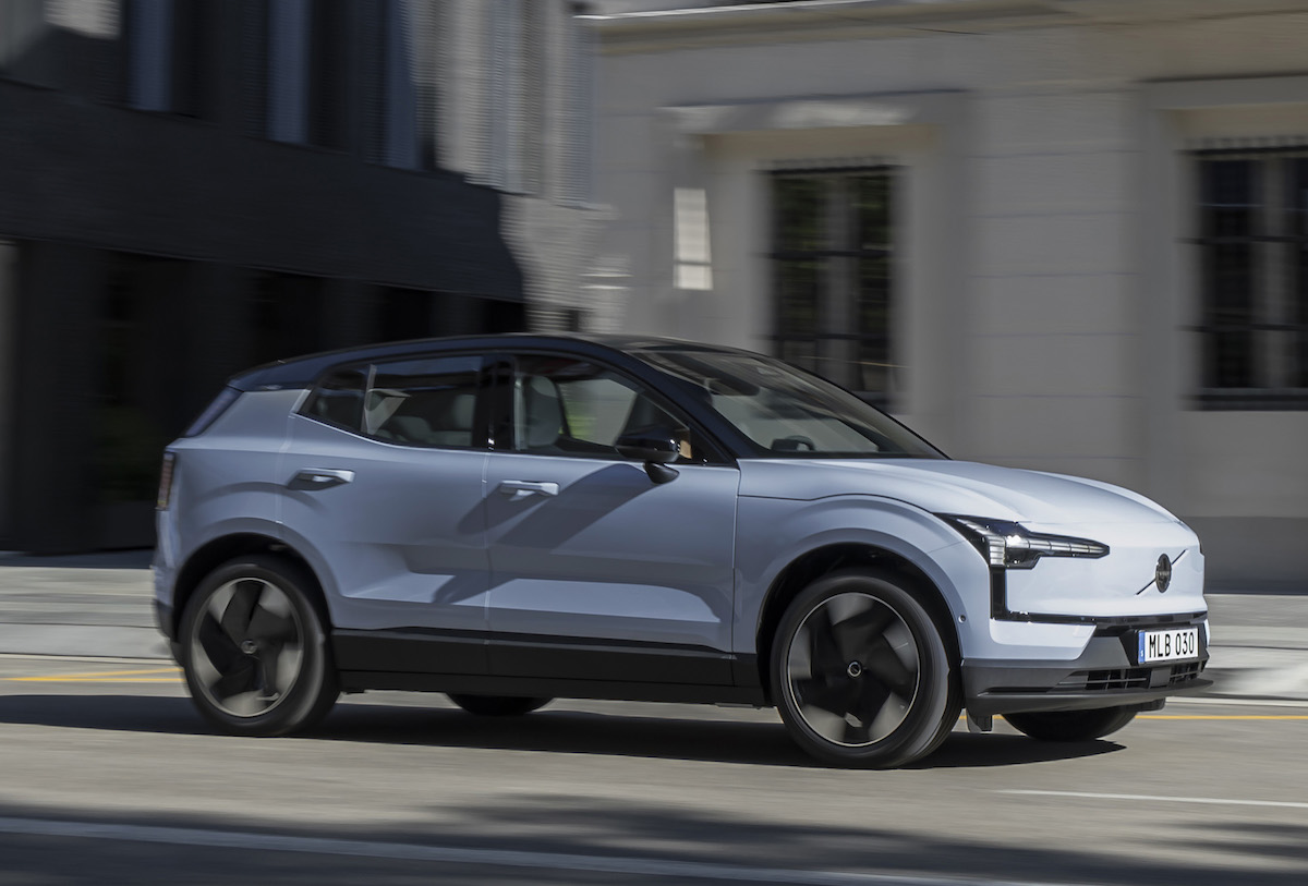 Volvo EX30 blue front three quarter static