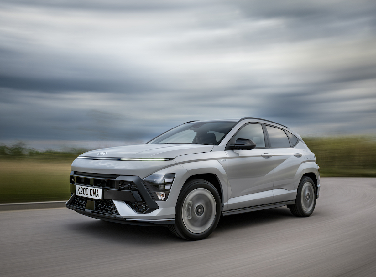 2023 Hyundai Kona grey front driving tracking