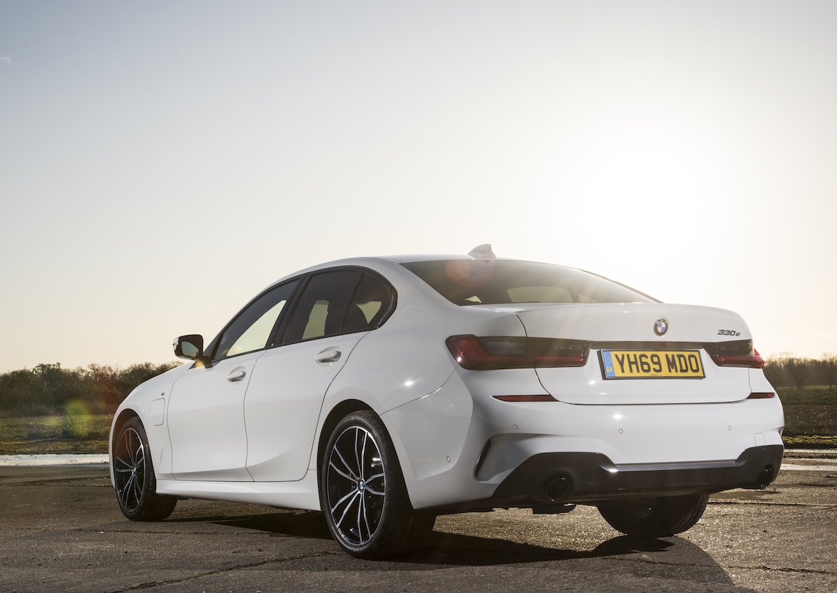 BMW 330e white rear static