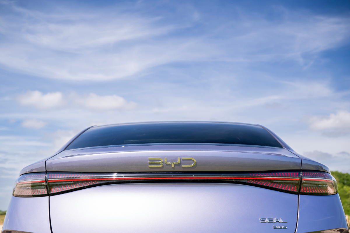 Chinese cars UK BYD Seal badge and sky