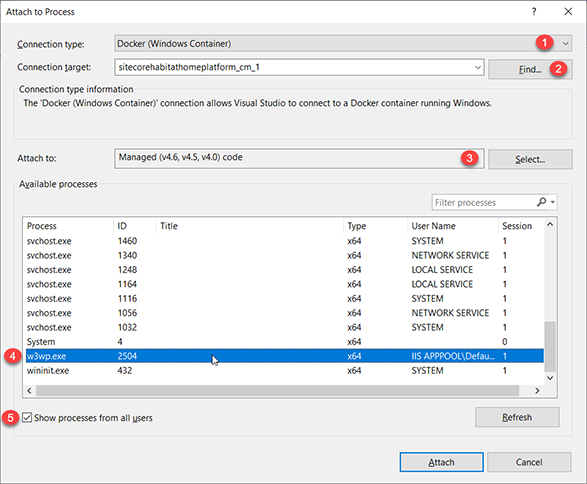 Visual Studio Docker integration - attach to process