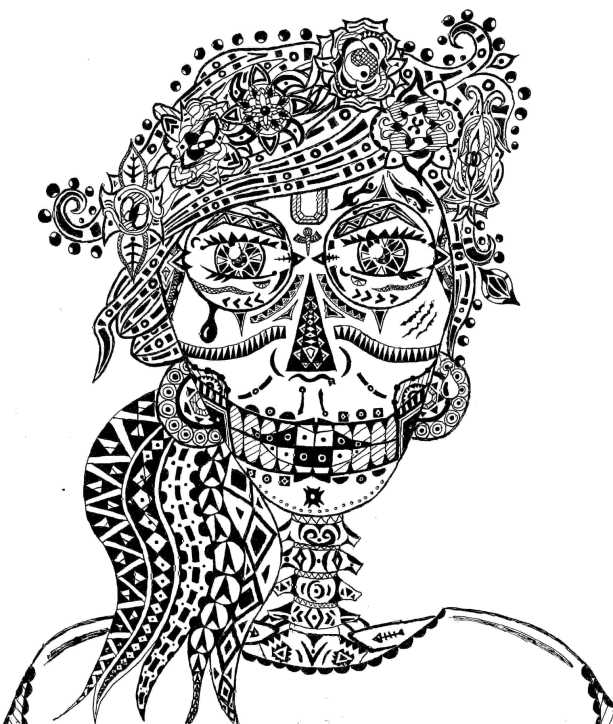 Image of a female skeleton made with pen and ink