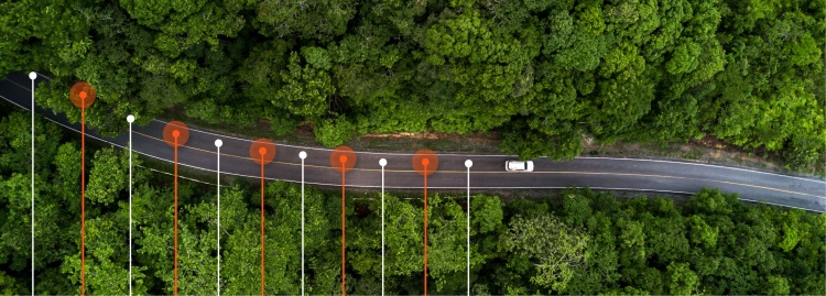 A car drives down a winding forest road leaving data points behind it