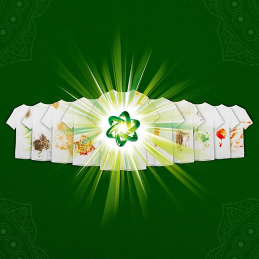 Row of stained white t-shirts with a bright green glowing symbol in the center
