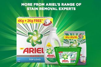 Ariel Matic detergent range with promotional packs: 4Kg + 2Kg free and 500g + 200g free.