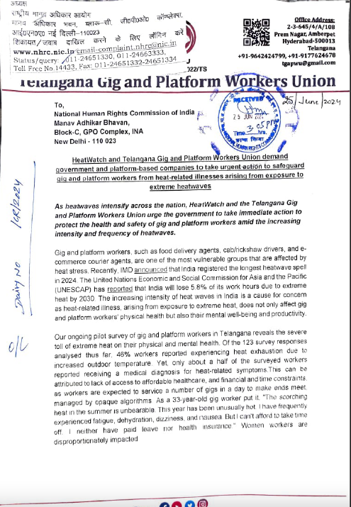 HeatWatch and TGPWU write to Central and State governments and to NHRC on impact of heatwaves on gig and platform workers