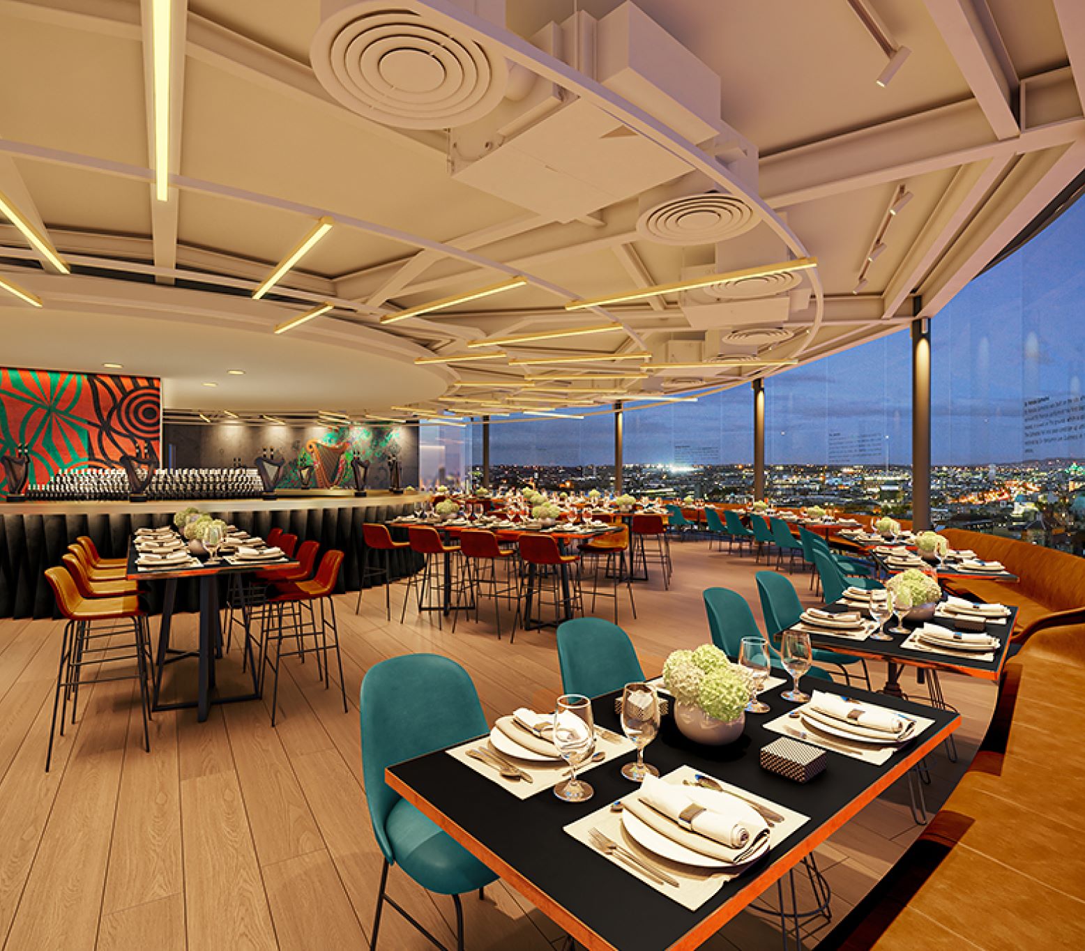 Seated Dinner view of Gravity Bar at night