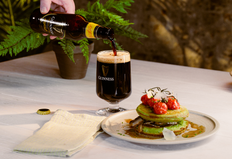 Wild Garlic Pancakes serves with a bottle of Guinness Foreign Extra Stout