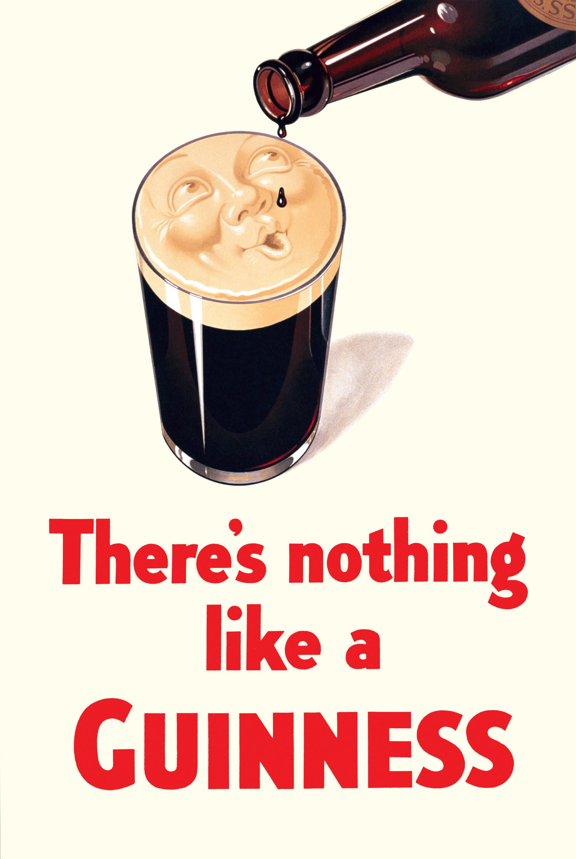 A 1933 advert for Guinness that says There’s nothing Like a Guinness, that shows a pint with a face in it