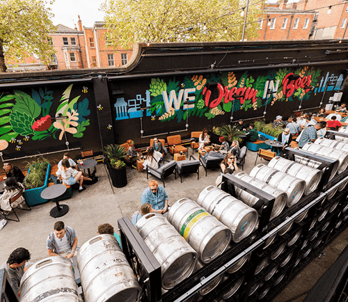 The vibrant beer garden of Open Gate Brewery, where a lot of people are sitting at tables enjoy themselves and having a beer or water