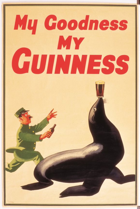 John Gilroy poster of the zookeeper character chasing a sealion, caption My Goodness, My Guinness.