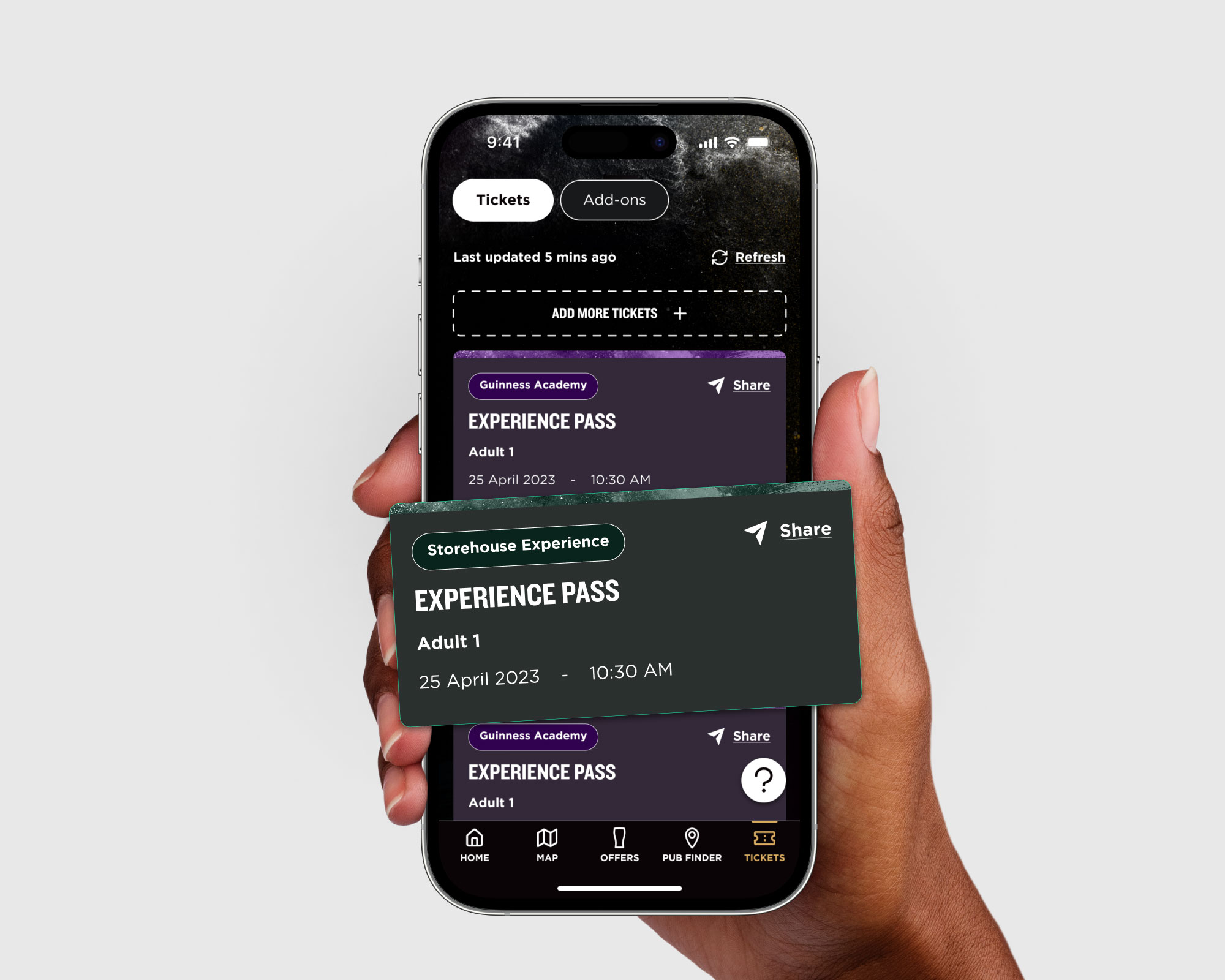 Screenshot of the App showing how to access tickets