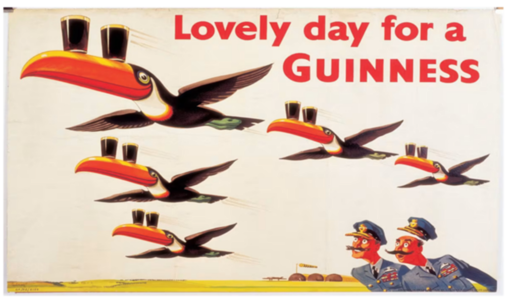 Lovely Day for a Guinness poster featuring five toucans balancing pints on their beaks.