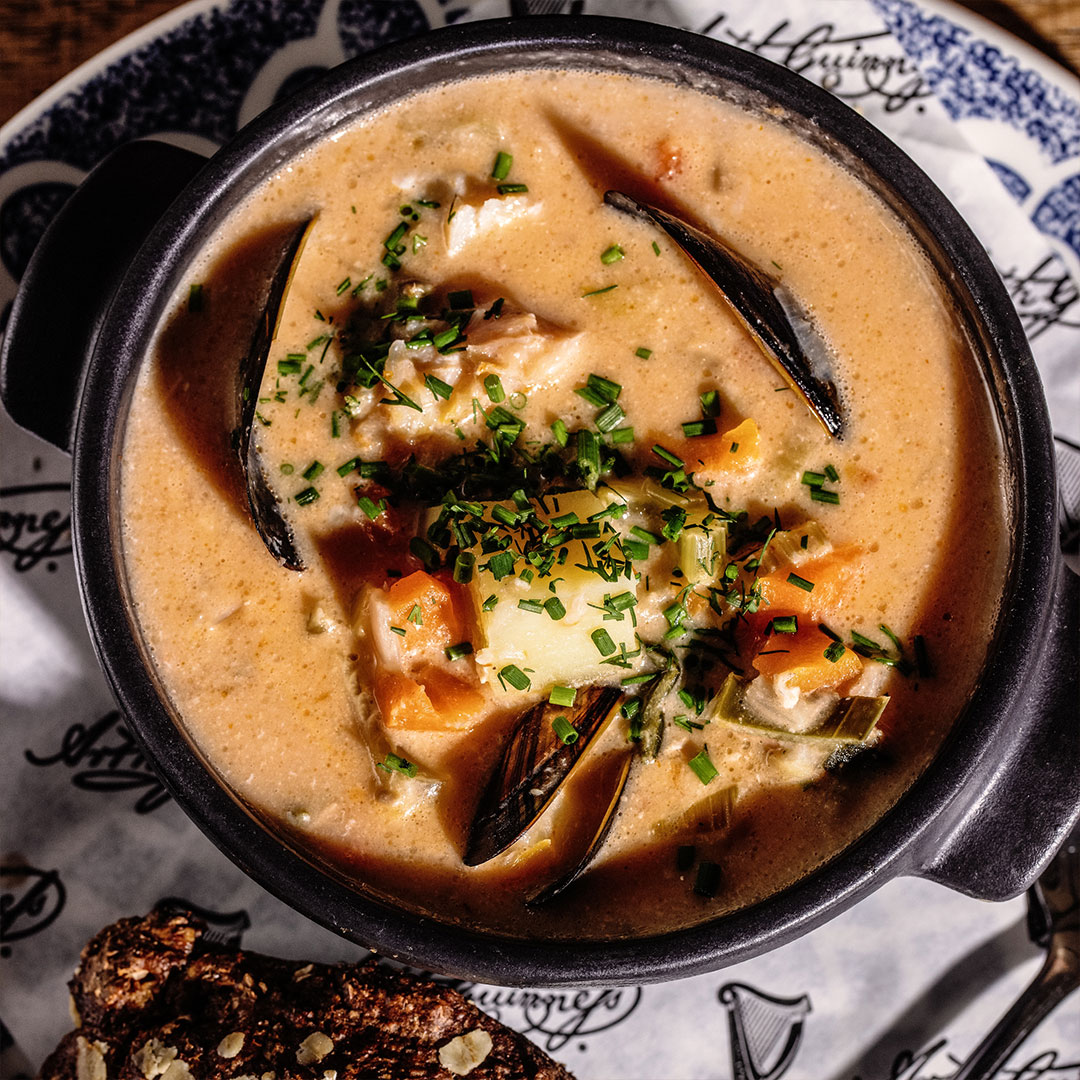 Seafood chowder with mussels and vegetables at the Guinness Storehouse