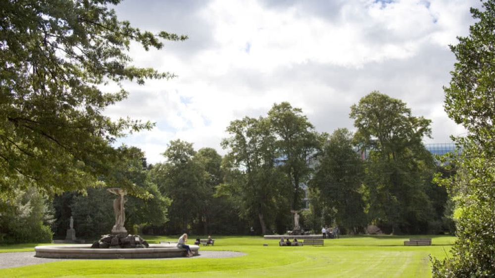 Beautiful park with lots of tree and a water fountain in the middle
