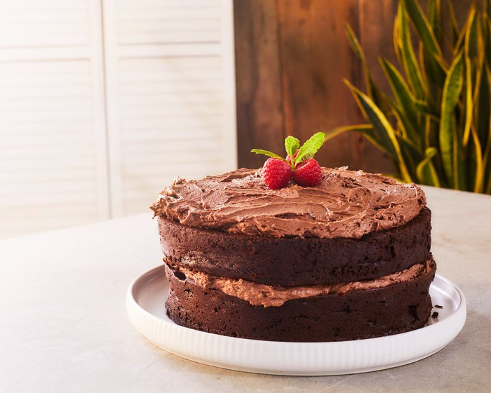 Guinness raspberry chocolate torte cake sitting on a plate on a table