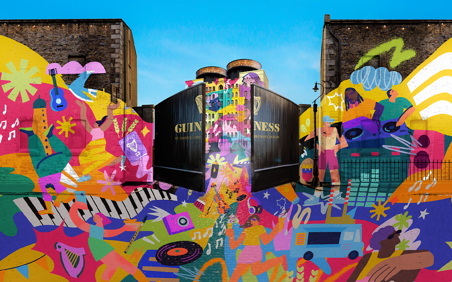 Guinness storehouse Summer Key Visual showing the Iconic black gates surrounded by colourful illsurtrations