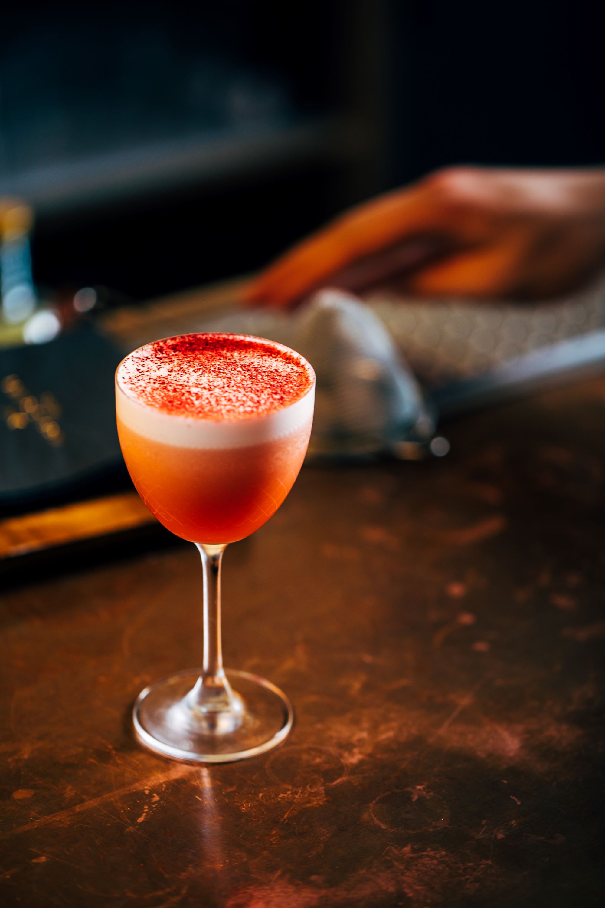 Delicious 'Never miss a beet' mocktail served on a small lead-free crystal cocktail glass with stunning etched pattern around the bowl.