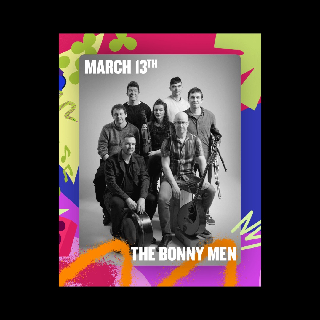 Image creative of the Bonny Men with a colourful illustrative background
