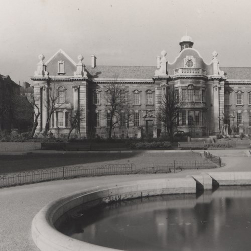 Exterior view of the new Iveagh Trust flats at Upper Kevin Street, viewed from St. Patrick’s Park, Dublin.