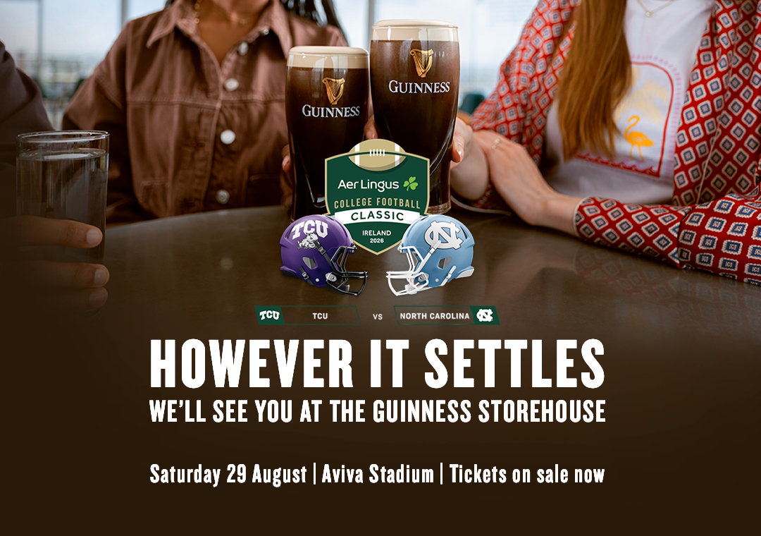 Promotional banner for the Aer Lingus College Football Classic showing two pints of Guinness, TCU and North Carolina team helmets, and an invitation to visit the Guinness Storehouse before or after the game on Saturday 29 August.