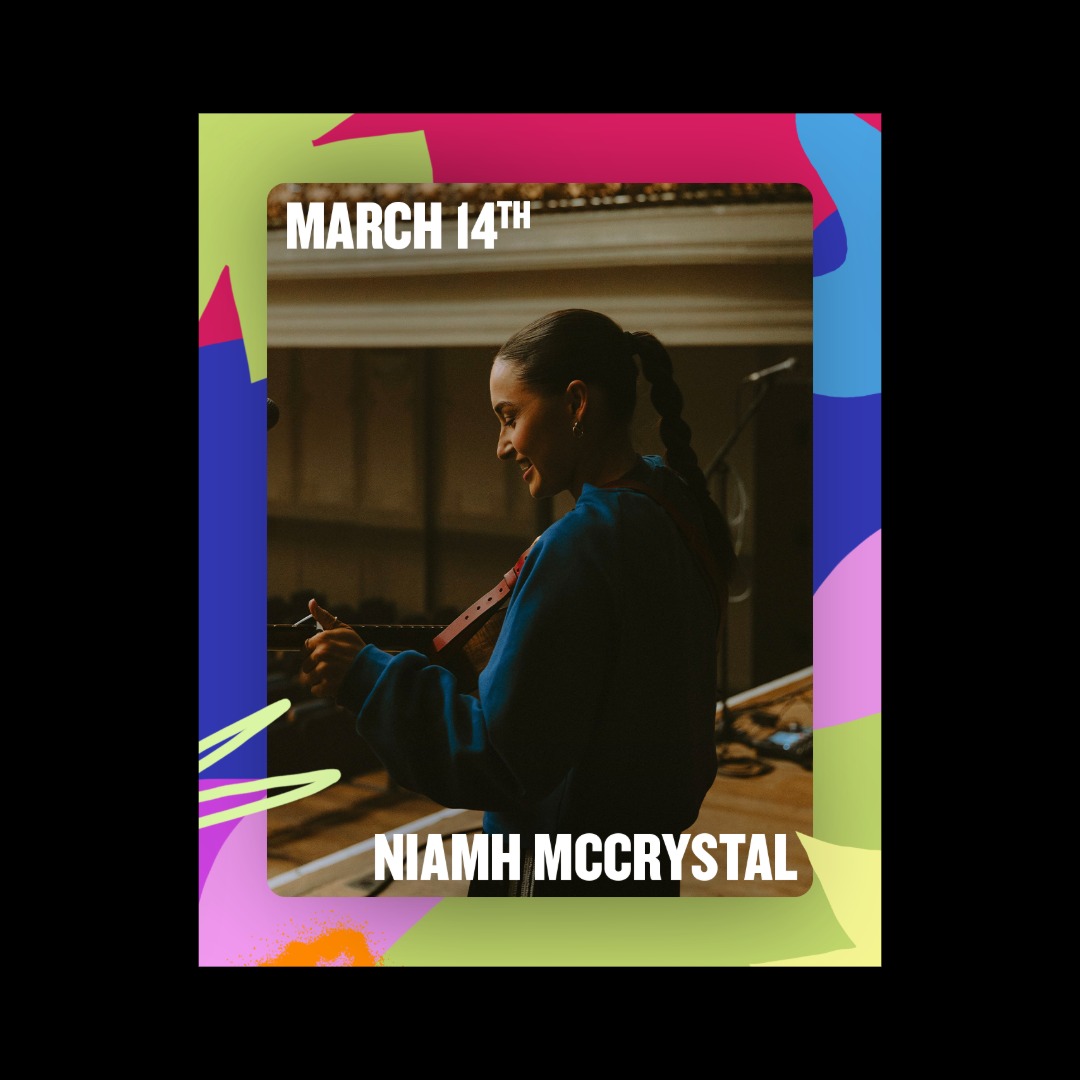 Image creative of Niamh McCrystal with a colourful illustrative background