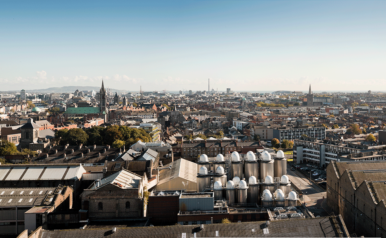 An aerial view of the Liberties and Dublin on a sunny day