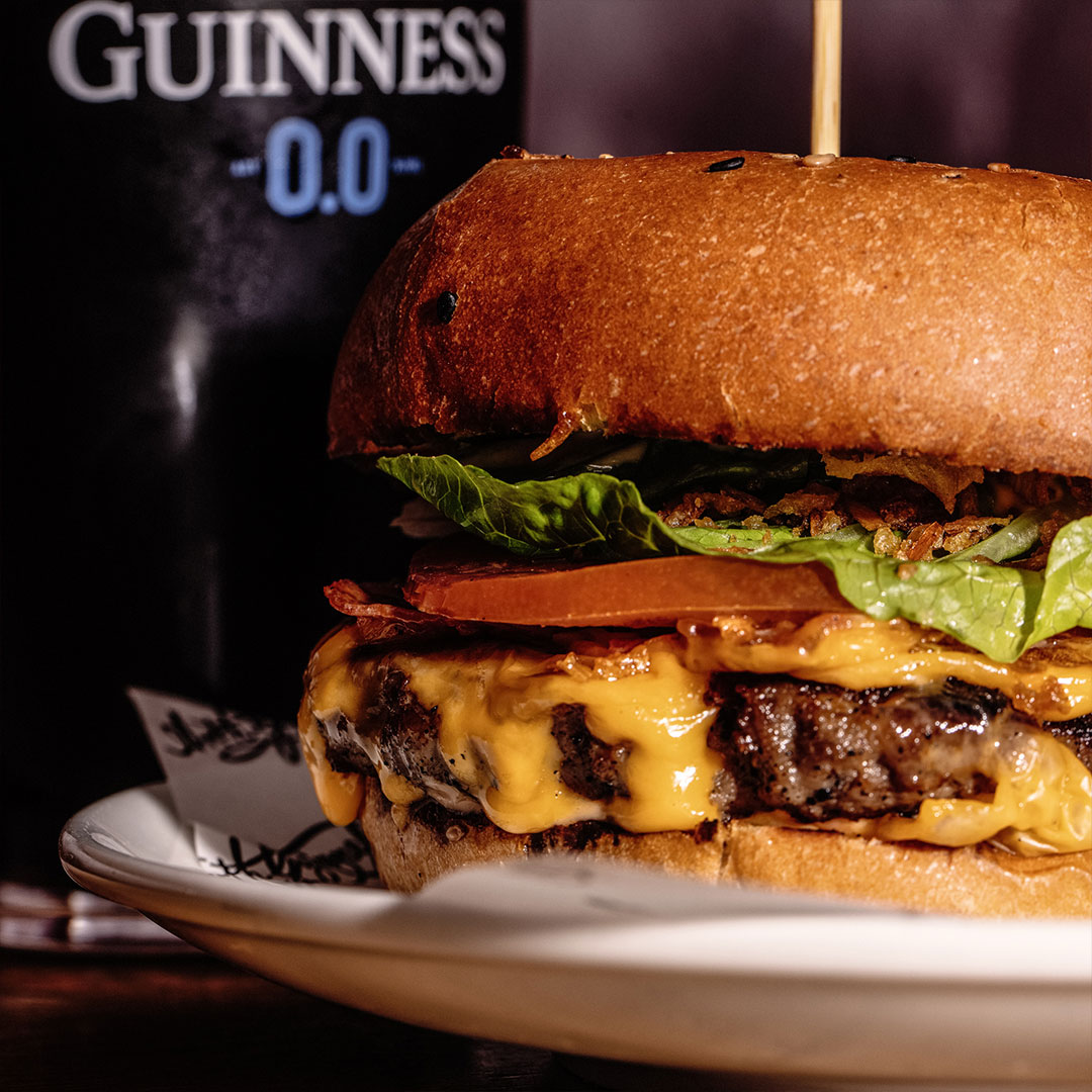 Cheeseburger with lettuce and tomato at the Guinness Storehouse