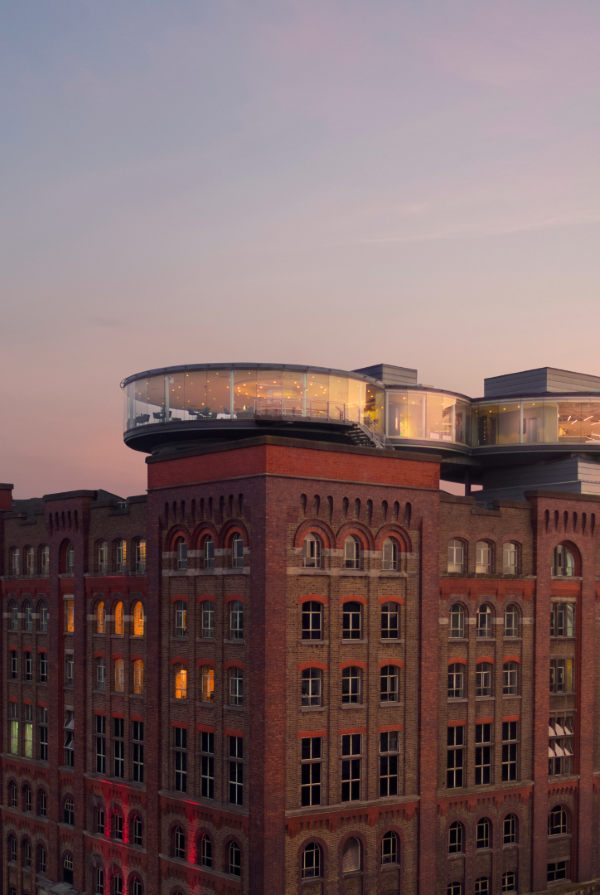 Drone view of the exterior side of the Gravity Bar at the Guinness Storehouse