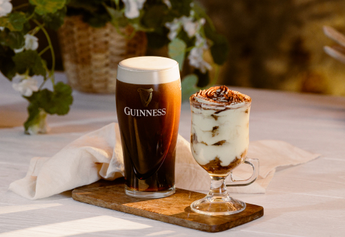 A pint of Guinness with Guinness Tiramisu served in a glass