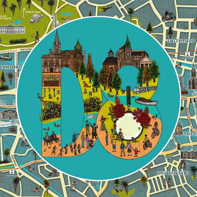 A large illustrated letter D and number 8 in front of a map of Dublin 8, with little elements of Dublin 8 championed throughout