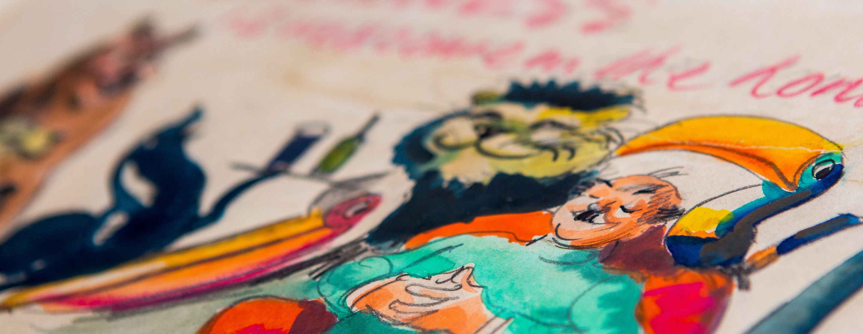 A colourful sketch painting by John Gilroy of a zookeeper with animals including a toucan and a lion.