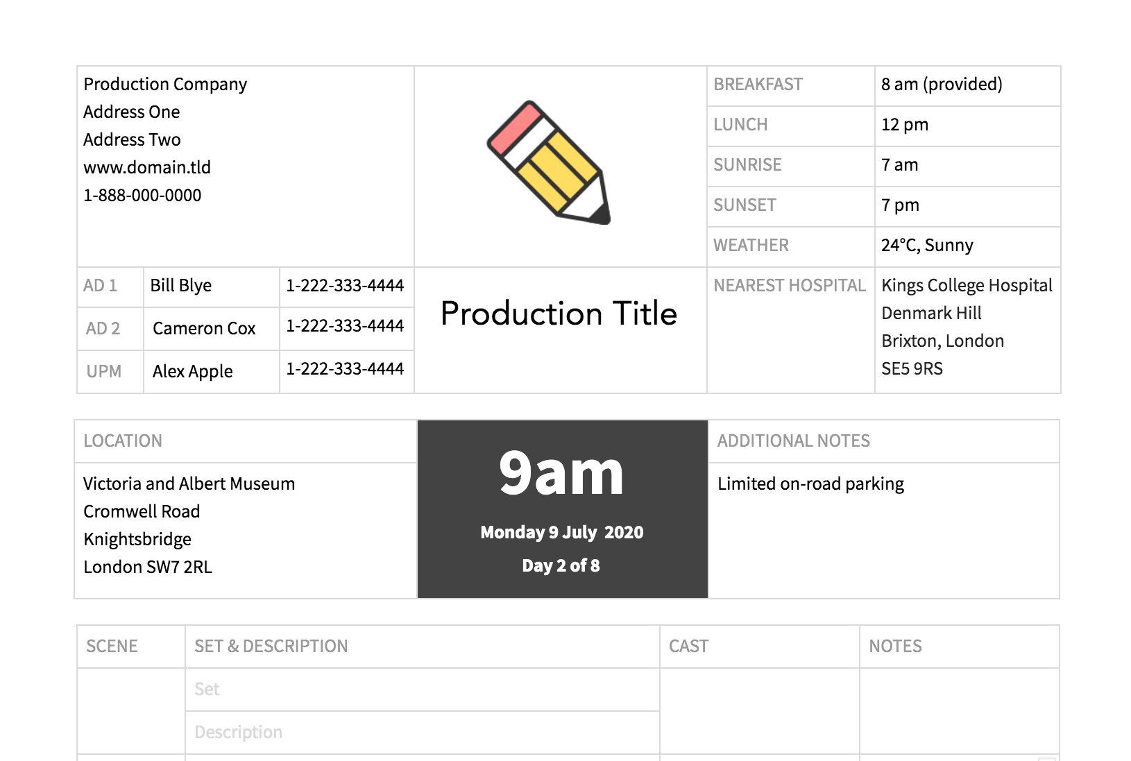 FREE Call Sheet Template (21)  Boords Pertaining To Blank Call Sheet Template