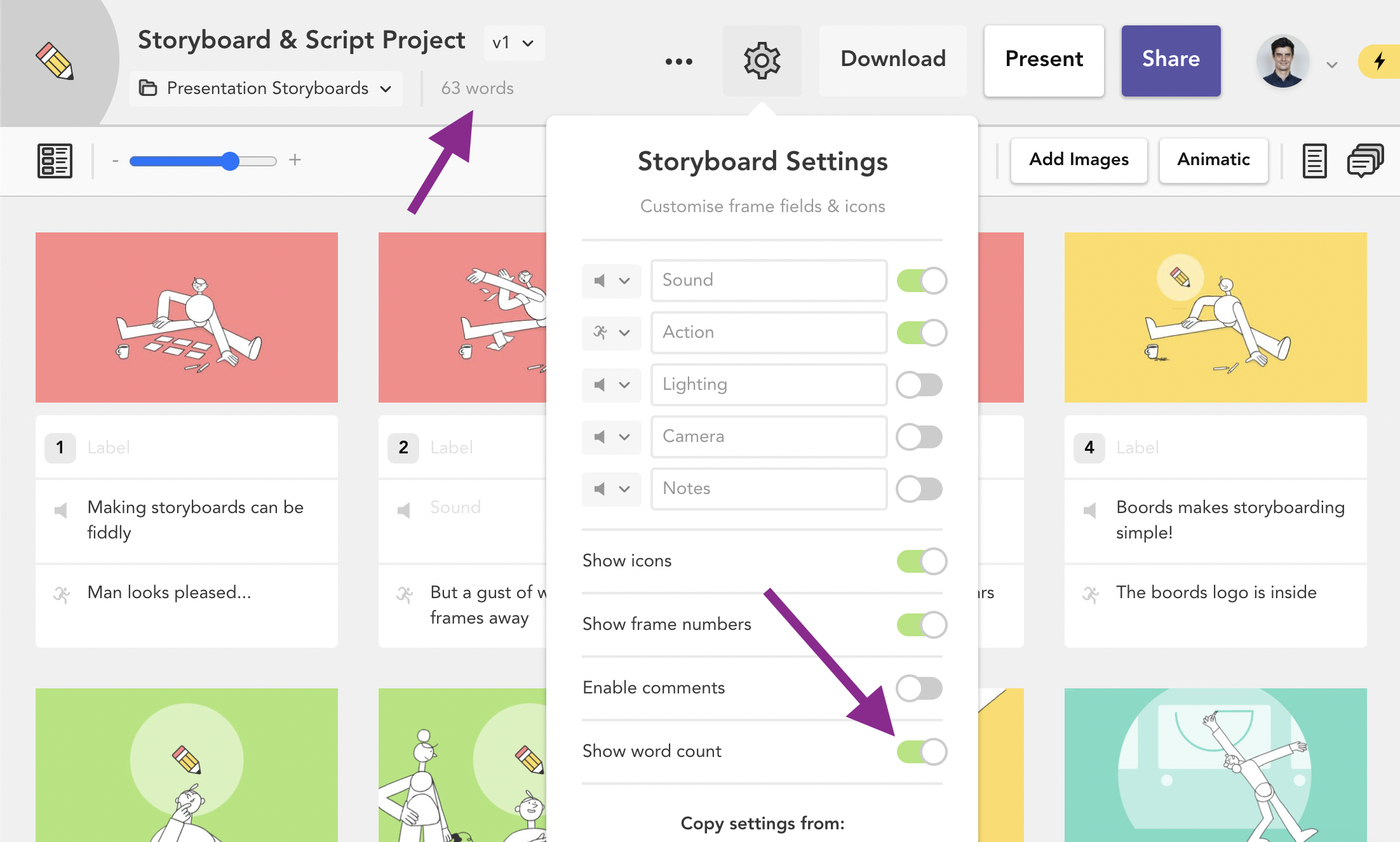 Word counts | Product Changes | Boords