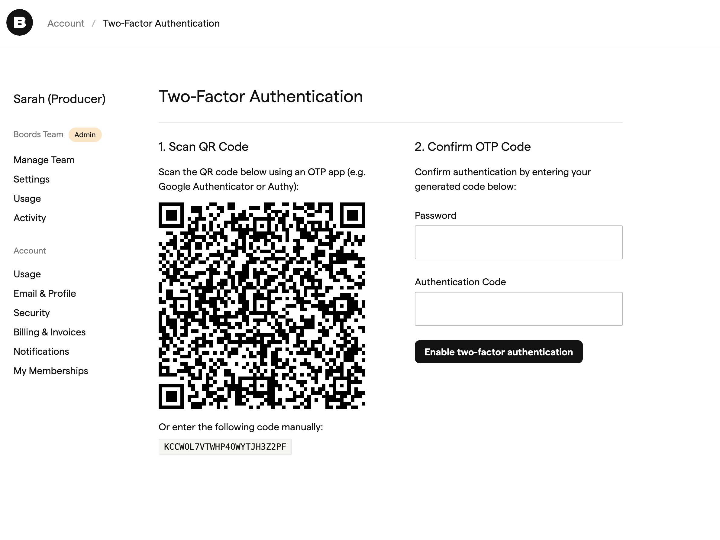 QR code for authenticator app