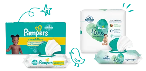 Pampers product catalogue: diapers, pants, and wipes.