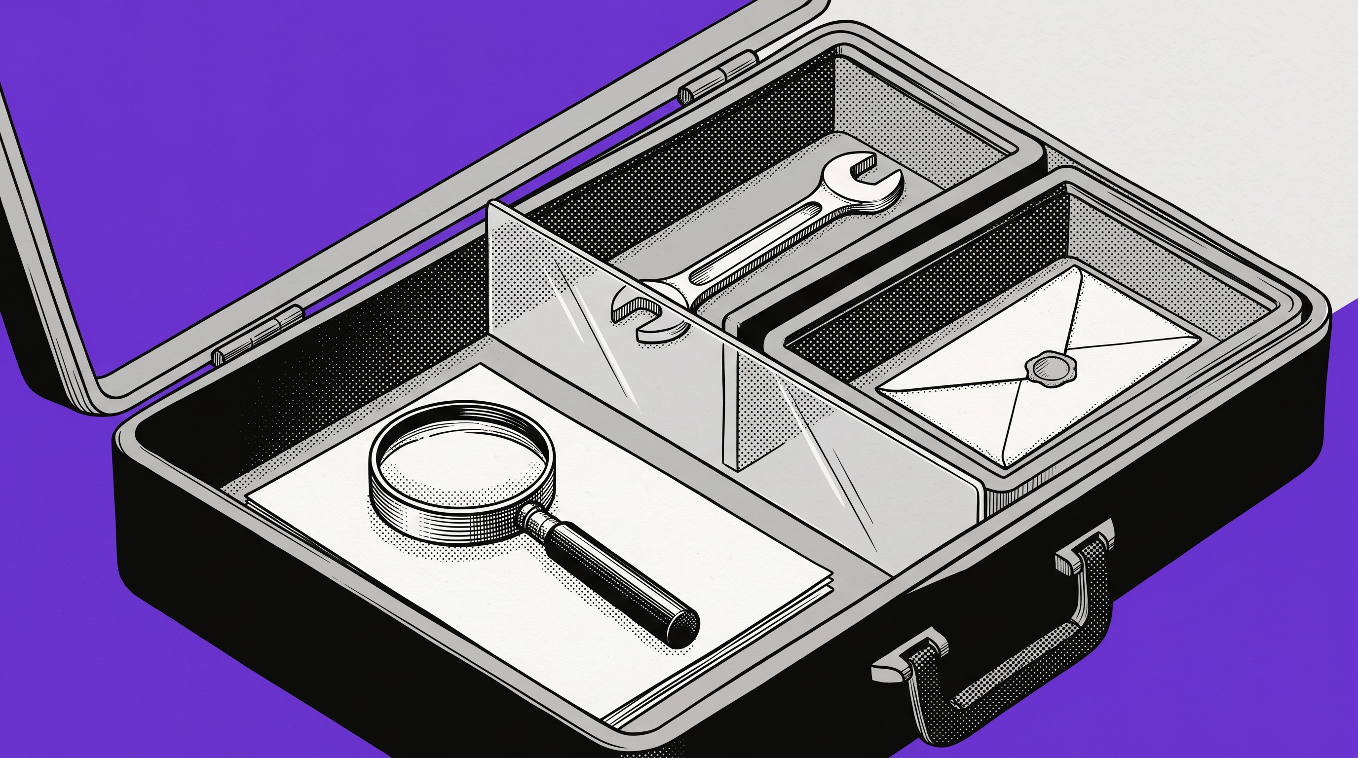 Magnifying glass, wrench and sealed envelope in separate compartments, illustrating scoped responsibilities.