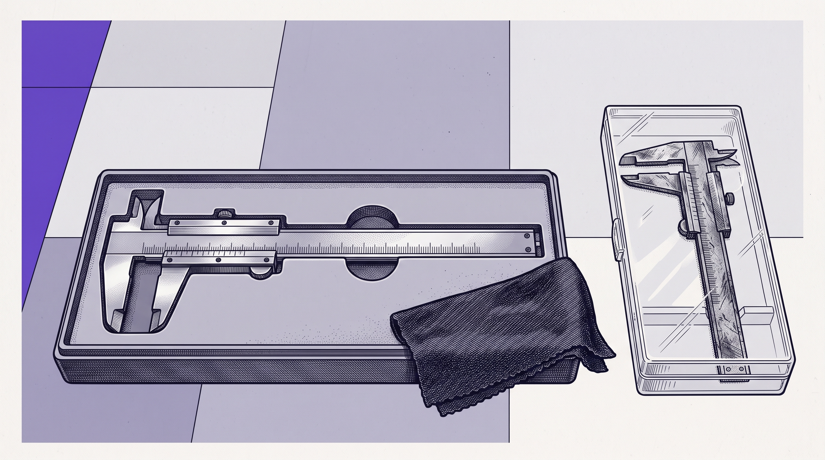 Maintained caliper beside an archived worn duplicate, illustrating skill maintenance and retirement.