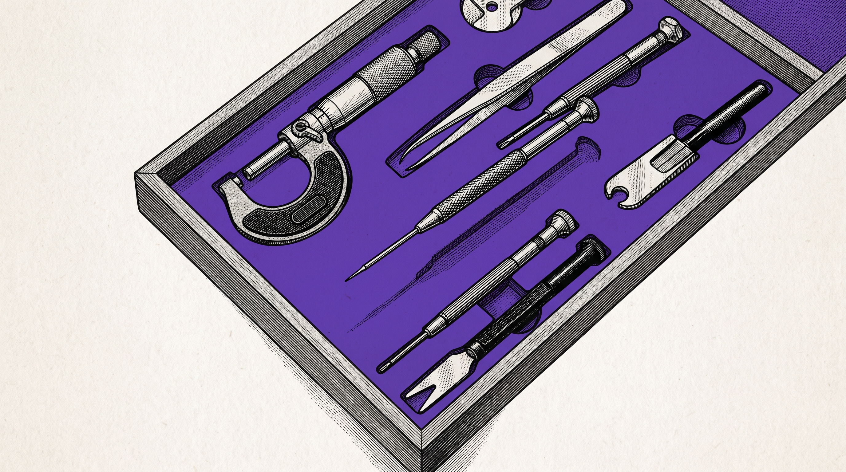 An engraved instrument selected from a fitted tray, illustrating precise skill routing.