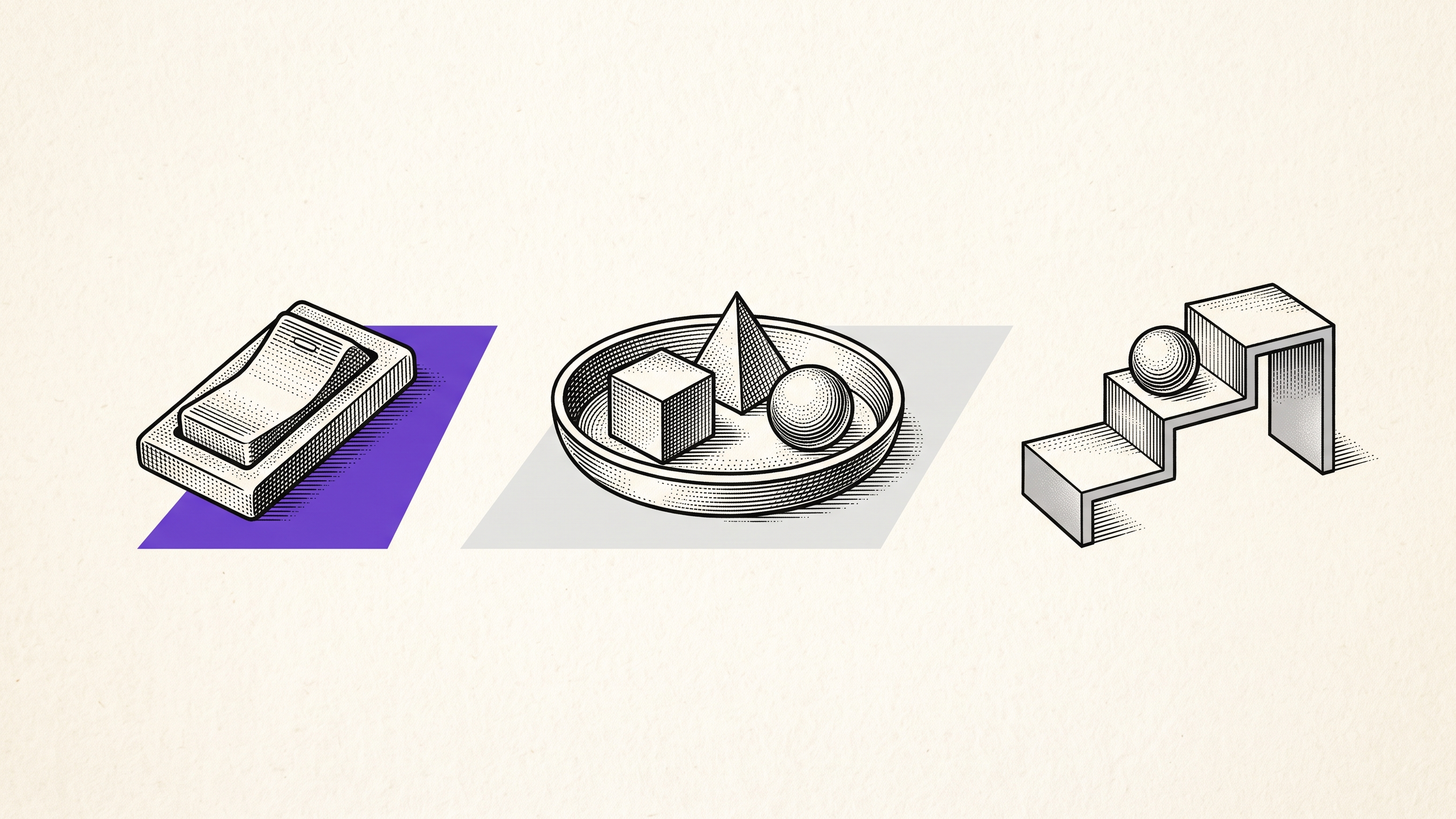 Engraved rocker switch, dish of geometric solids, and stepped pedestal with a ball arranged side by side.
