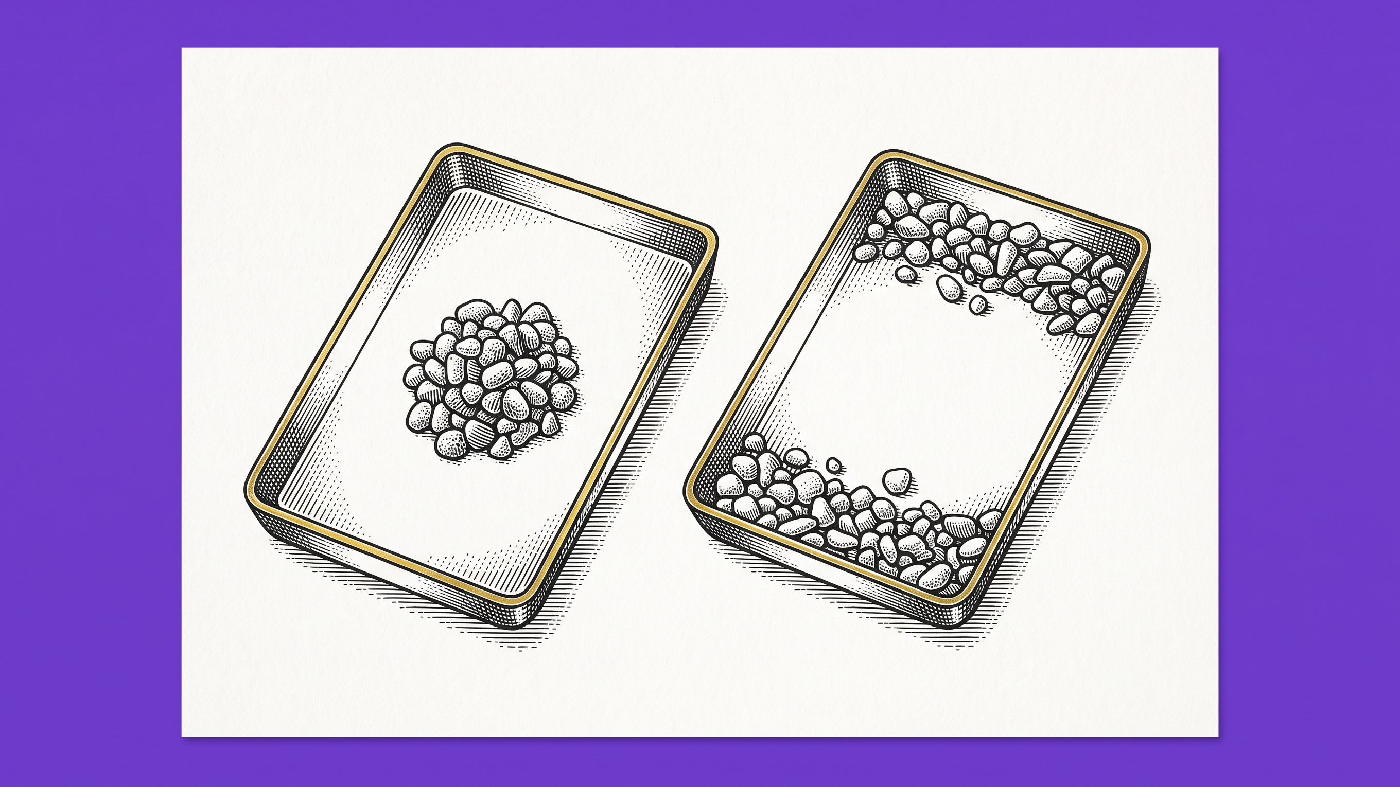 Two engraved trays hold pebbles clustered in the center of one tray and at opposite ends of the other.