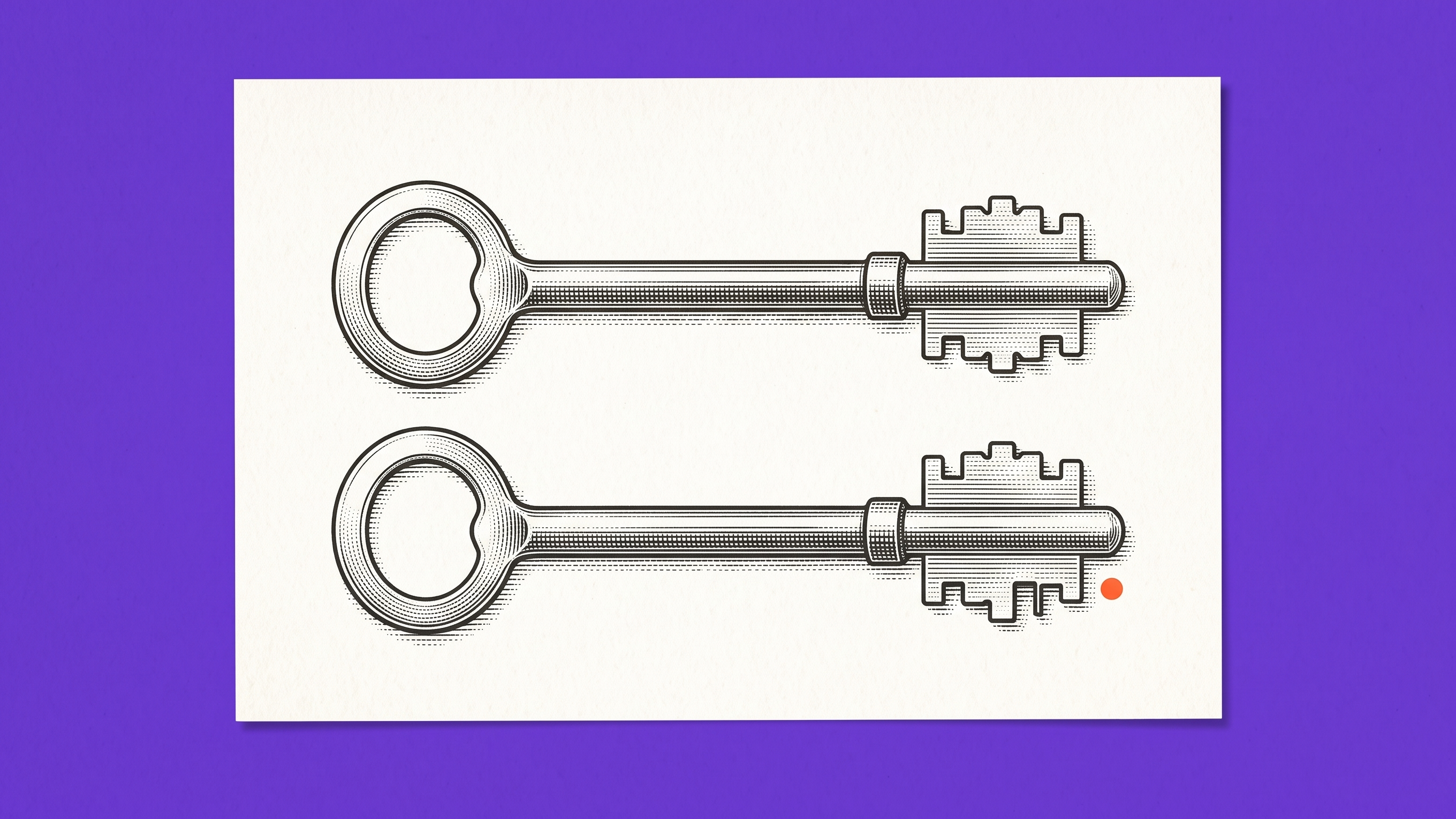Two separated engraved keys with different tooth profiles, illustrating a comparison between model versions.