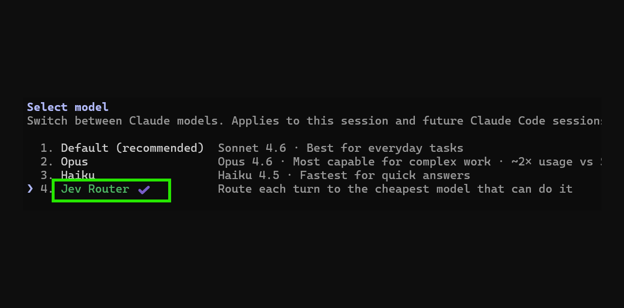 Jev Router in a coding-model picker