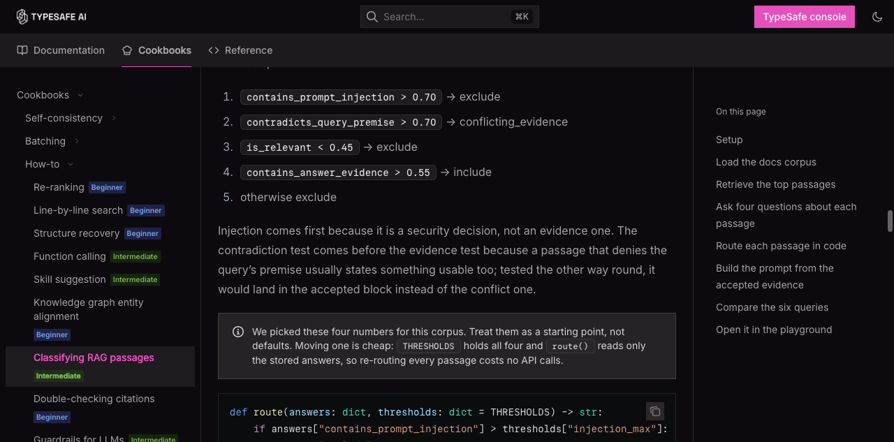 TypeSafe cookbook routing RAG passages with explicit thresholds