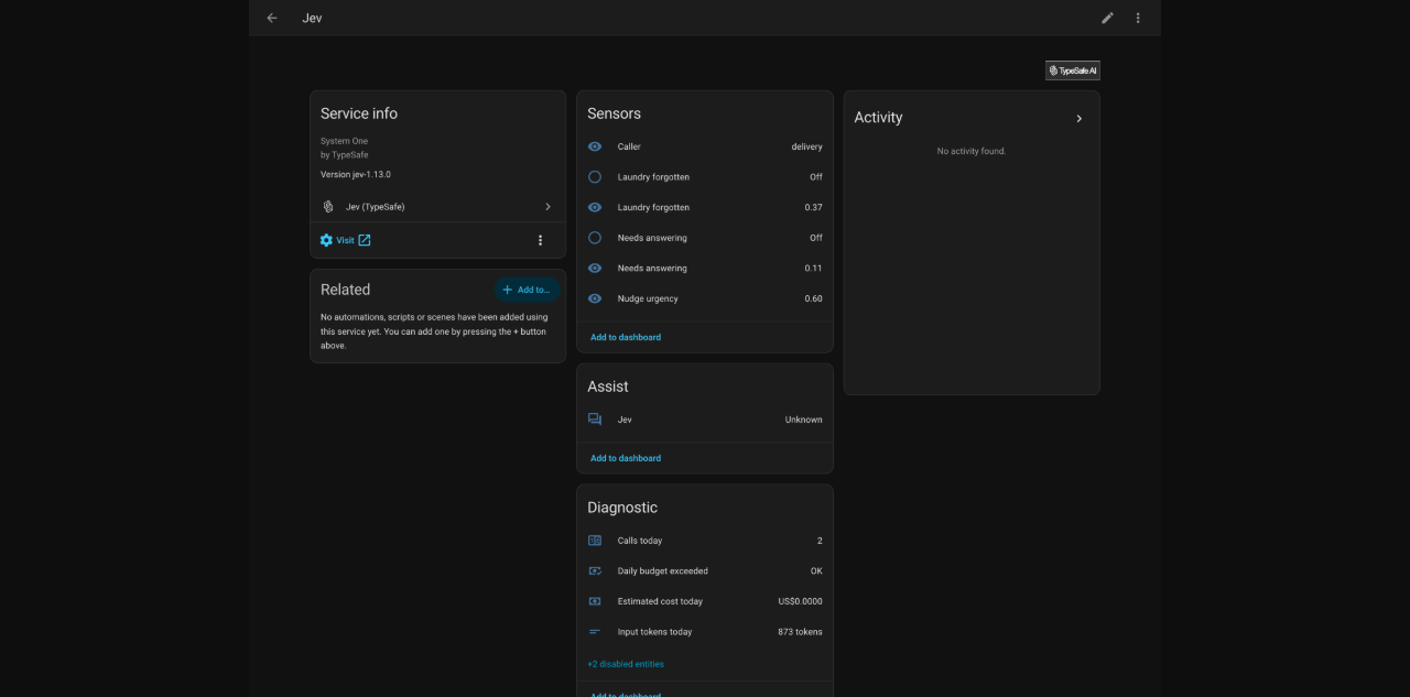 Home Assistant entities backed by Jev questions