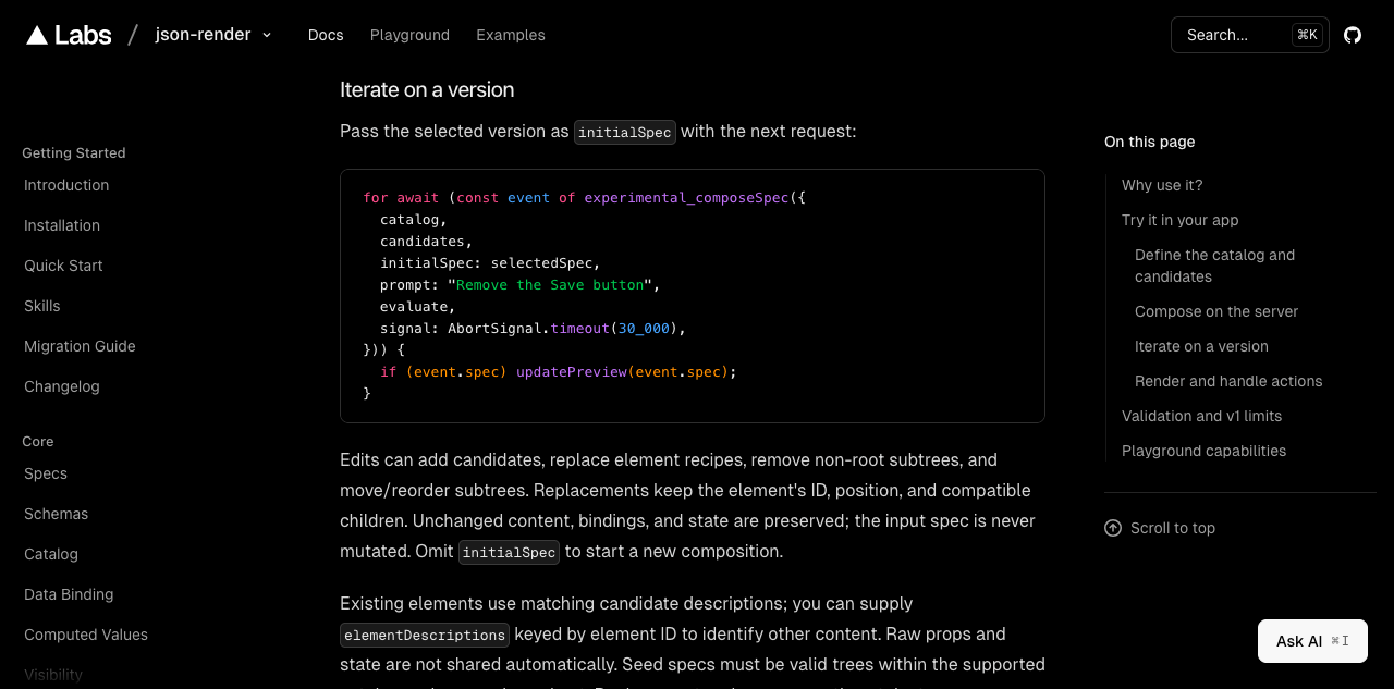 json-render documentation for experimental Jev composition