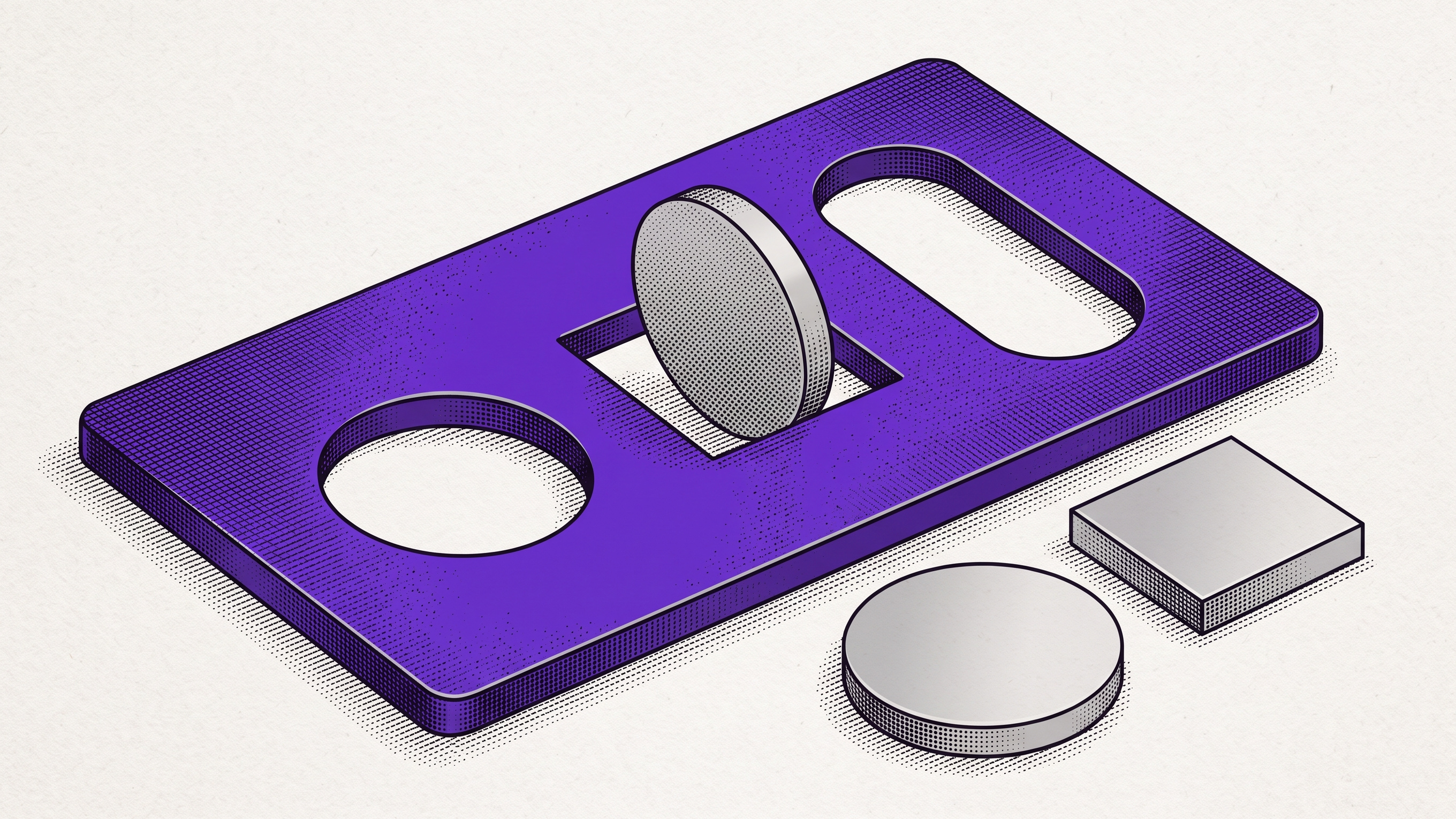 Engraved fit-testing plate and geometric tokens illustrate checking exact coverage rather than accepting a near match.